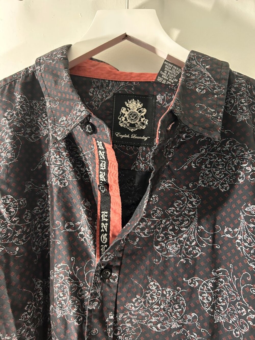 English Laundry Men's XXL Black Red Paisley Scroll Print Button Front Shirt